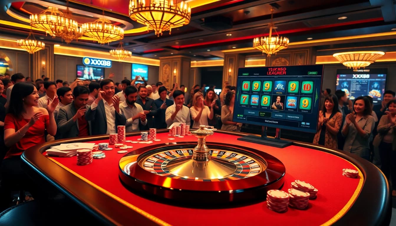 Gamblers enjoying a thrilling game at XX88 with vibrant poker chips and a roulette wheel.