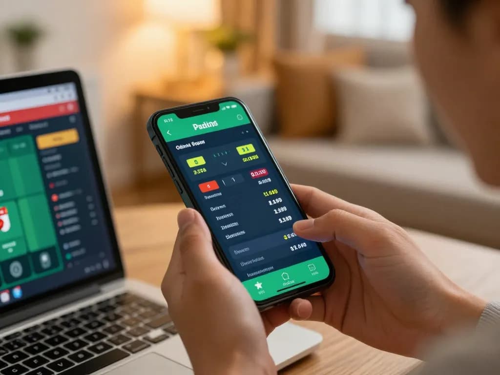 Betting on 888new with smartphone in a cozy living room setting