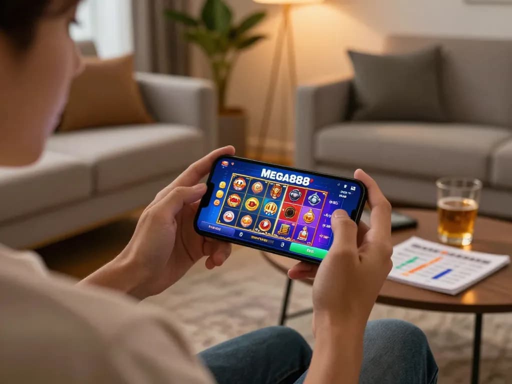 Mega888 apk original download smartphone gaming in a stylish living room with vibrant screen.