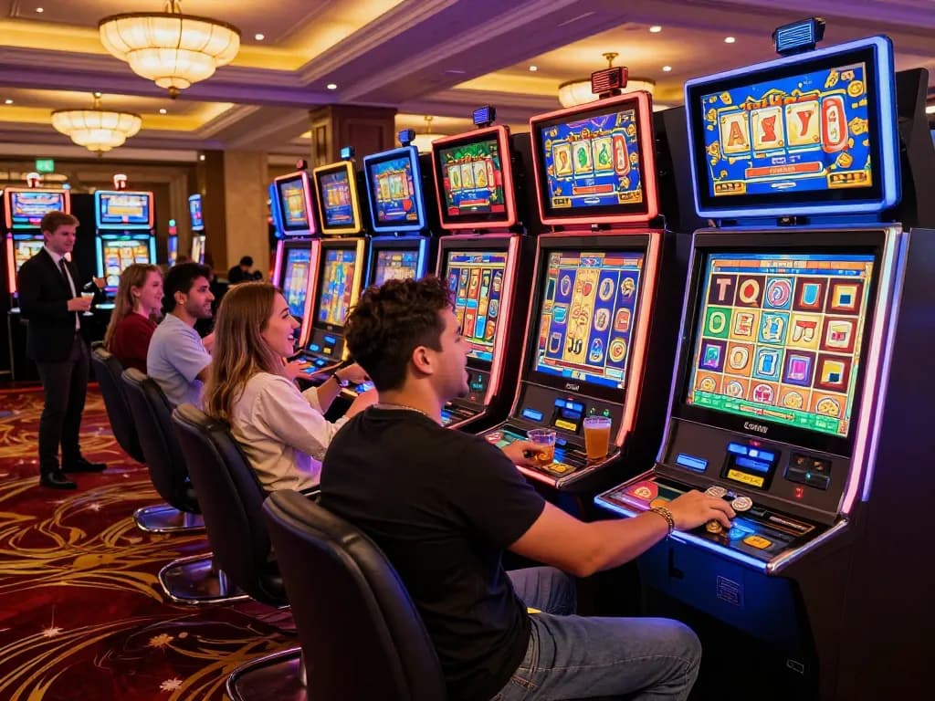 Teman-teman menikmati kegembiraan mesin link slot di kasino yang meriah.