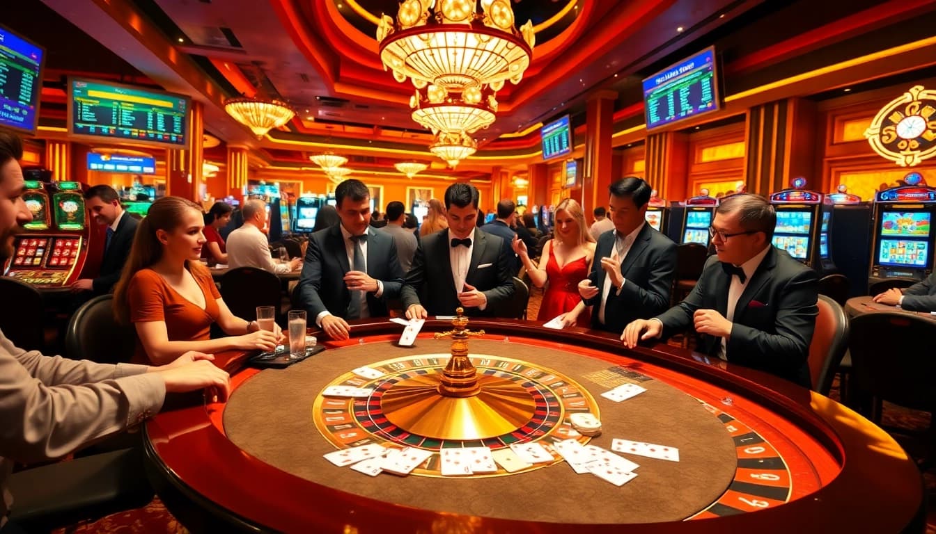 Experience thrilling gameplay at https://xin88hv.site/ with vibrant casino elements featuring excited players and luxurious setups.