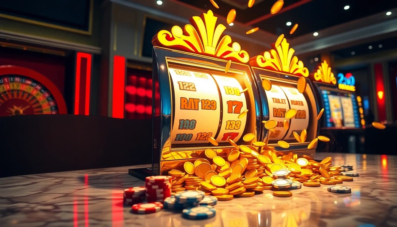 Rasakan sensasi Ratu123 dengan adegan mesin slot kasino yang penuh warna dan momen kemenangan.