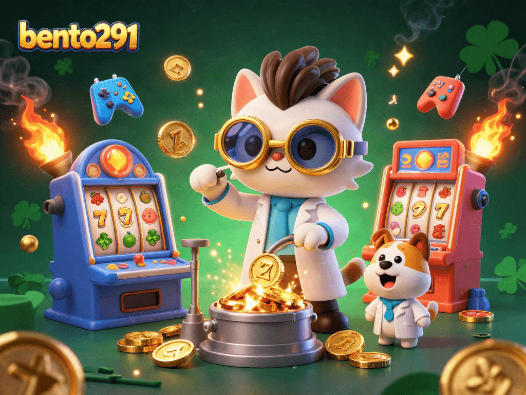 Engage with bento291’s vibrant slots scene featuring a mad scientist cat and dog amid gold coins and colorful game elements.