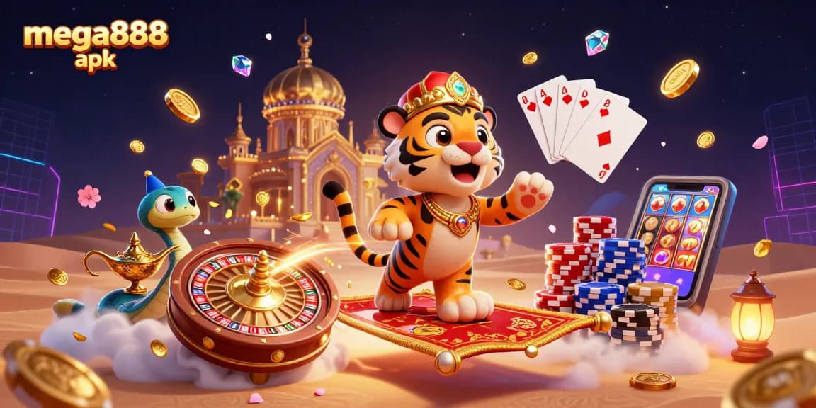 Experience thrilling gameplay with mega888 apk, featuring vibrant casino elements and characters.