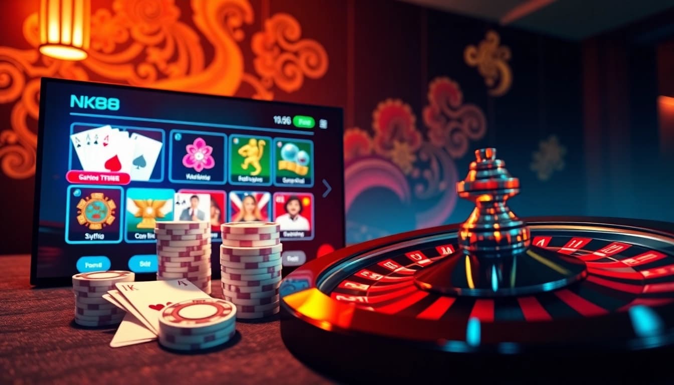 Engage with trang chủ NK88’s advanced online casino interface featuring poker chips, roulette wheel, and vibrant gaming action