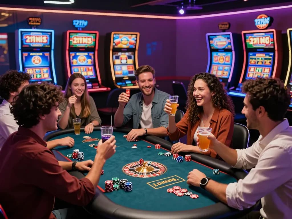 Friends enjoying online gambling at 32win.com with vibrant casino environment and gaming elements.