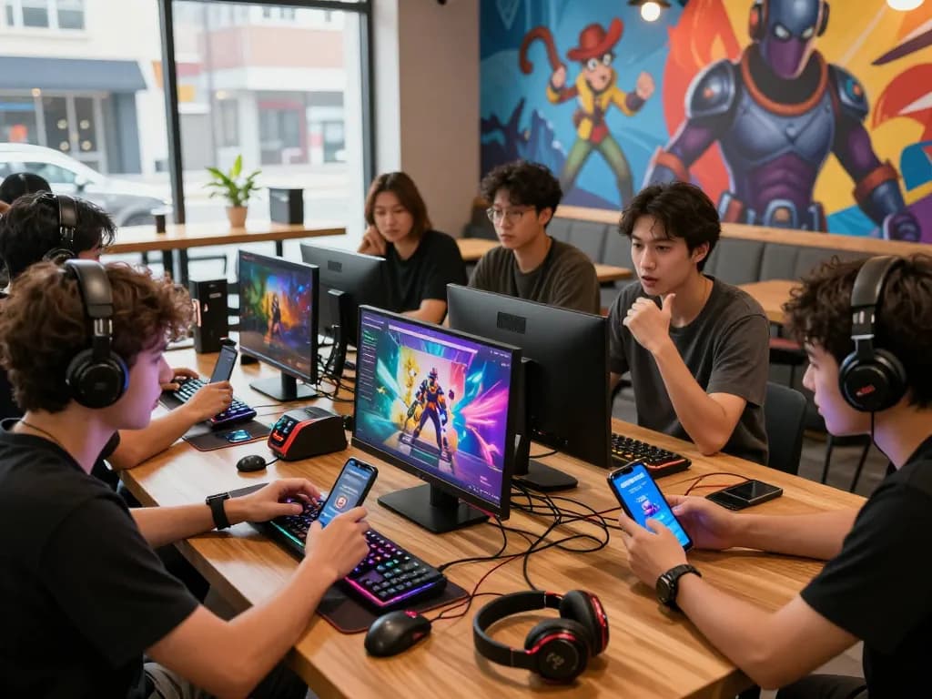 Cổng game sunwin players celebrating victories in a modern gaming cafe.