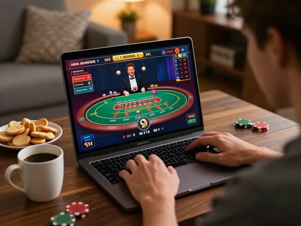 Player enjoying live games on Open88, immersed in the online casino experience with snacks and focus.
