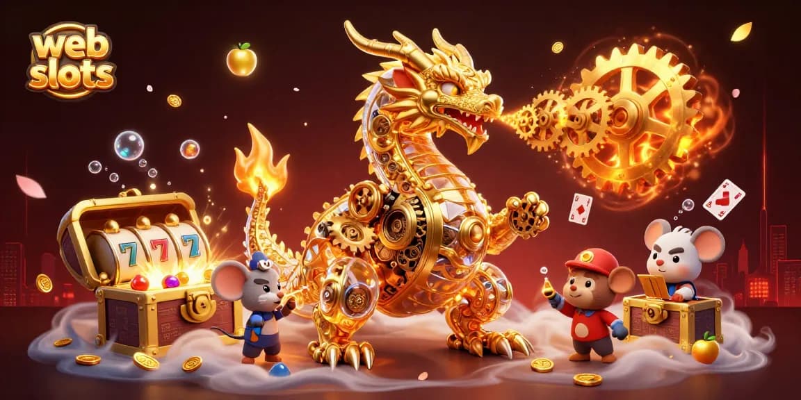 Win big with web slots in this vibrant 3D scene featuring a dragon and golden treasures.