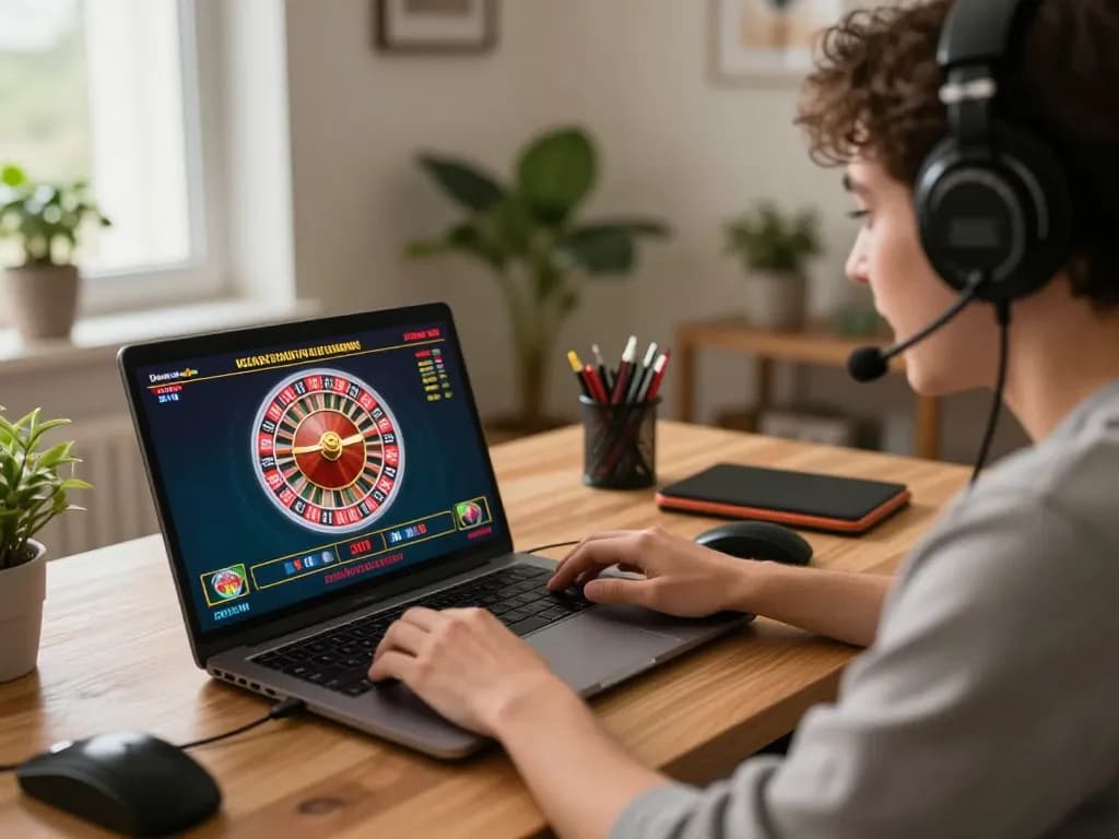 Player engaged in live casino game at ta88 with roulette wheel on laptop screen, showcasing an exciting gambling experience.