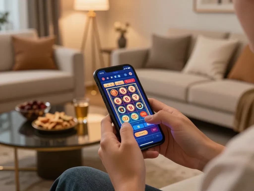 Engaging with link mu88 on a mobile casino app within a stylish home setup