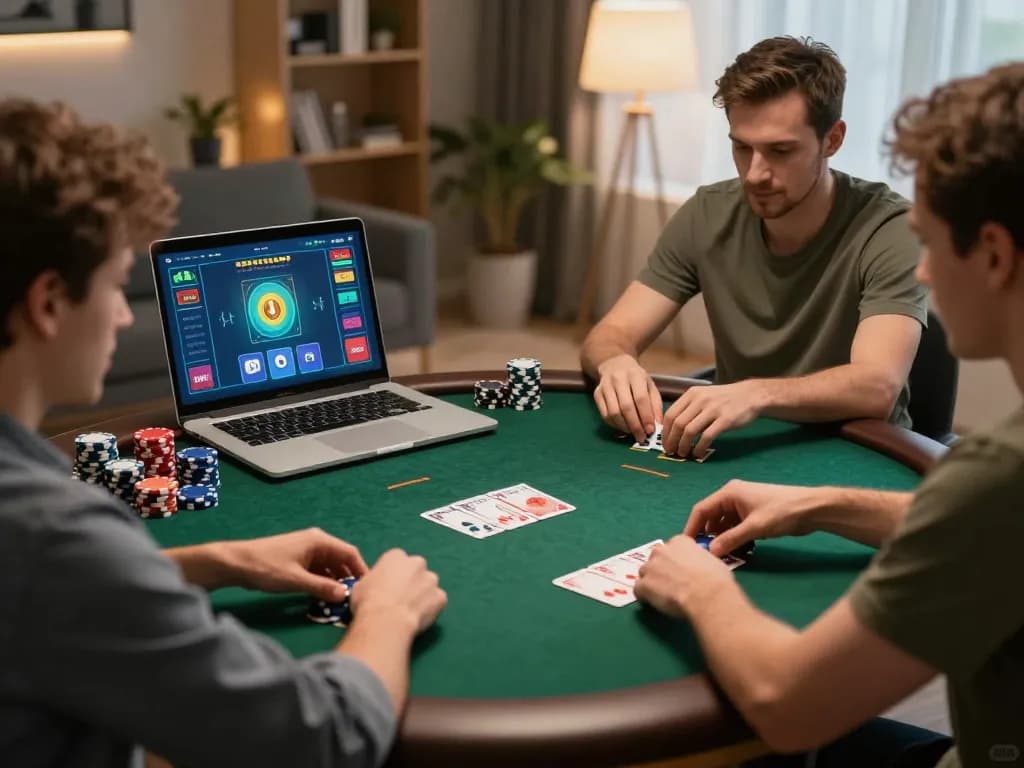 Players strategizing during intense nk88 online poker game in a cozy setting.