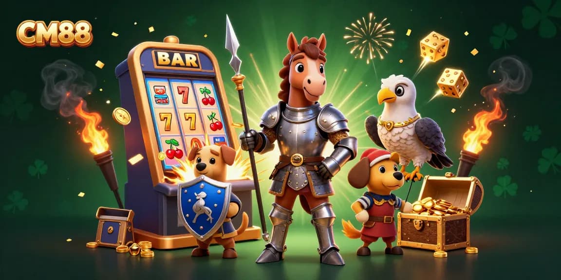 Engage with CM88's vibrant slot machine jackpot experience featuring animated characters and casino elements.