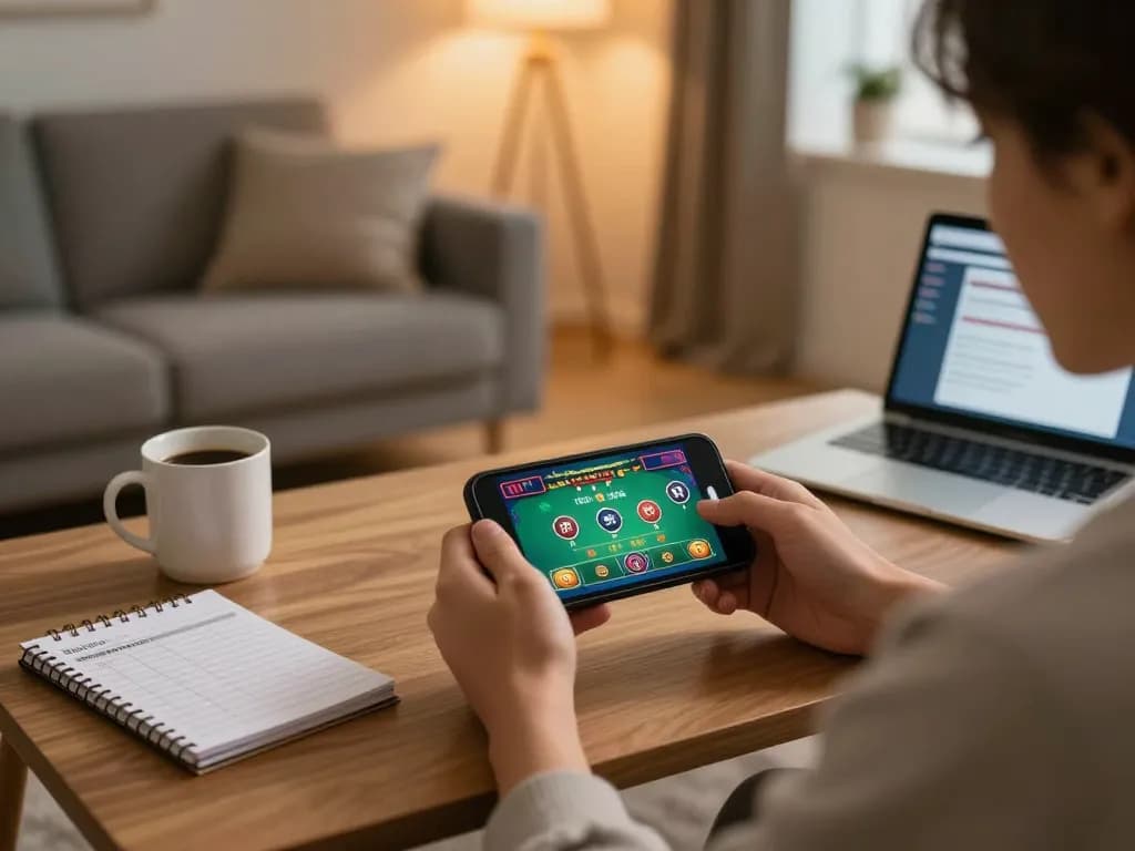 Engaging with jewanced mobile casino gameplay in a cozy home setting, emphasizing strategic bets and comfortable entertainment.