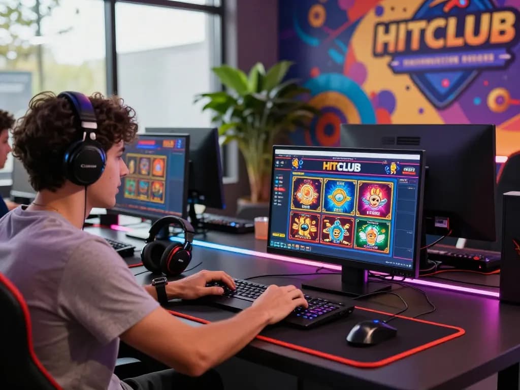Exciting gaming scene featuring a player engaging with HITCLUB online platform in a vibrant setup
