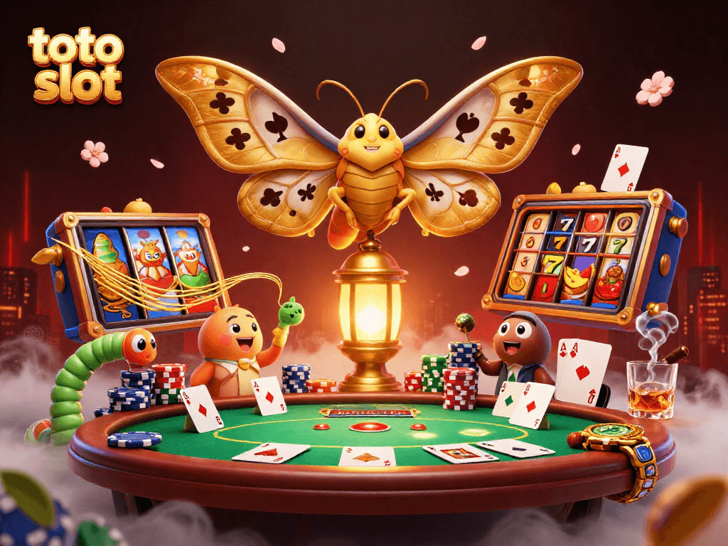 Experience the excitement of toto slot with a vibrant 3D cartoon scene featuring a majestic moth and dynamic casino elements.