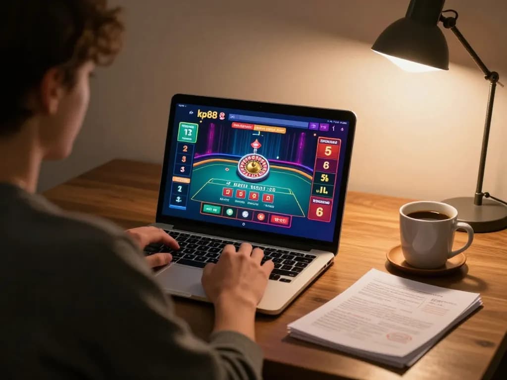 Player enjoying thrilling live dealer game on kp88 while analyzing betting strategies in home setting.