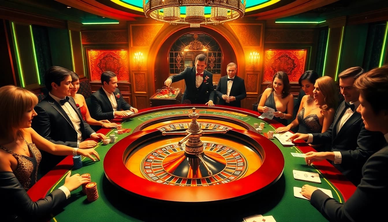 Players engaging in a thrilling roulette game at shbet casino with vibrant decorations and high stakes