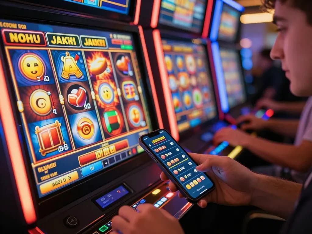 Nohu enthusiasts spinning reels on colorful slot machines in an exciting online casino.