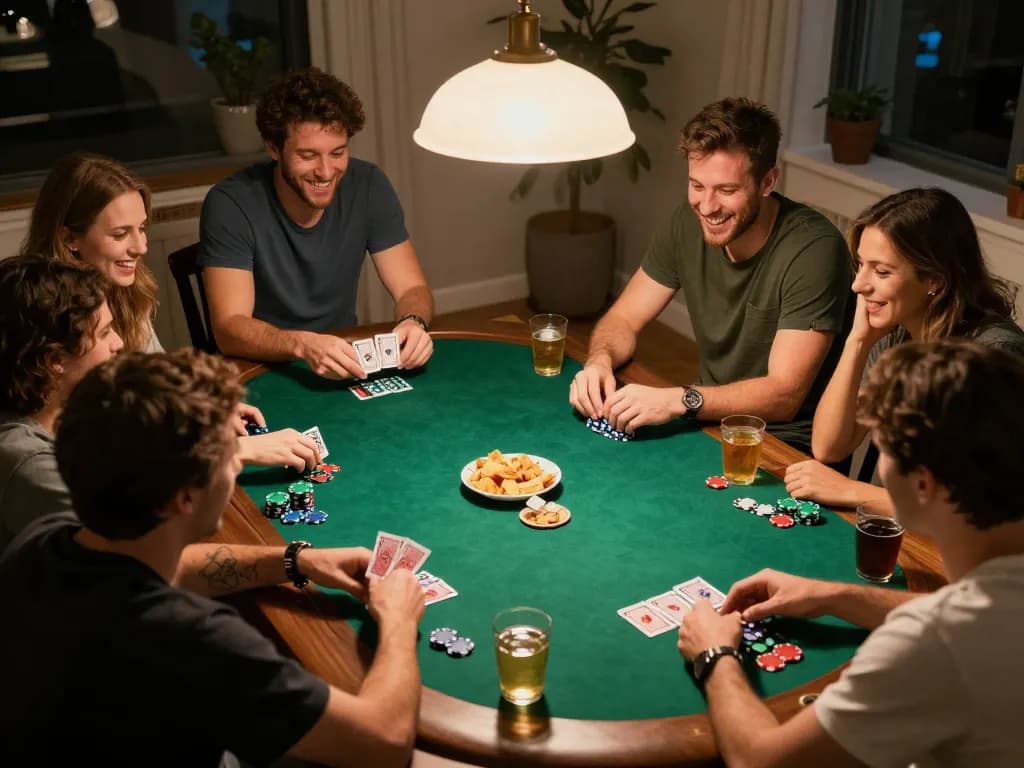 Players enjoy an engaging poker night at home showcasing Vk88 uy tín with chips and cards.