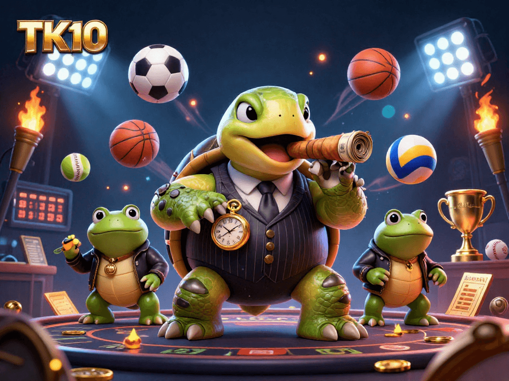 Engage with the thrilling TK10 gaming experience featuring a snapping turtle mobster amid vibrant casino elements.