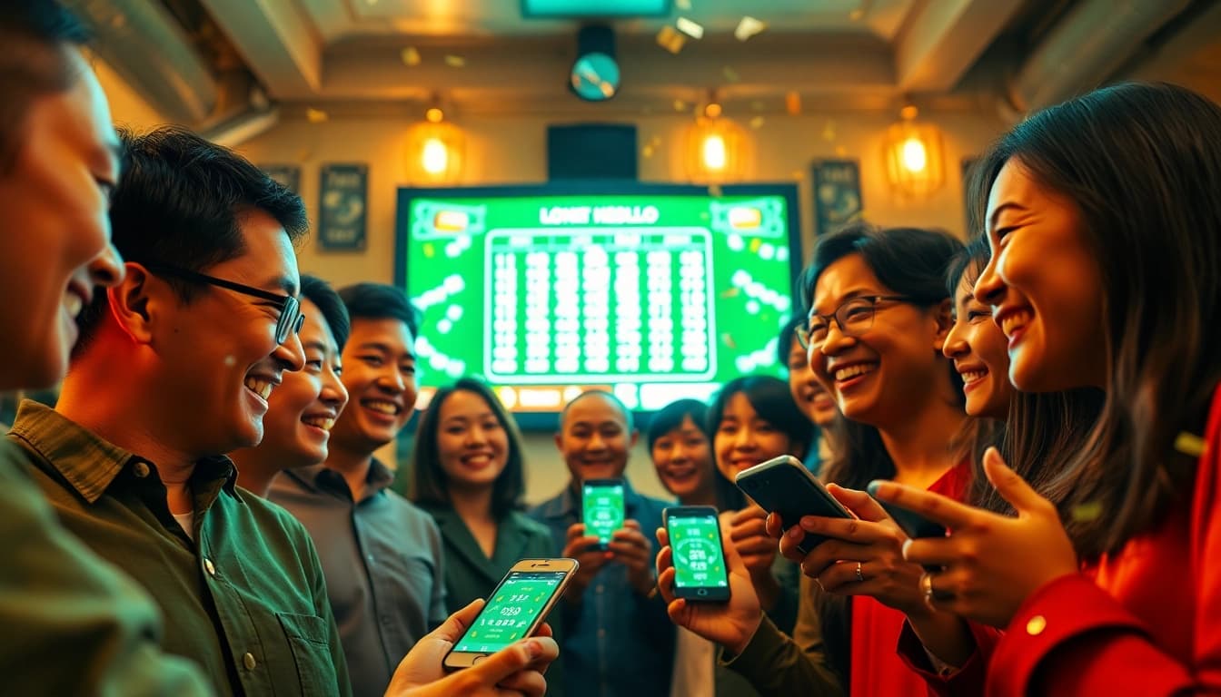 Engaging scene of enthusiastic players watching live lottery results for "Song thủ lô," filled with excitement.