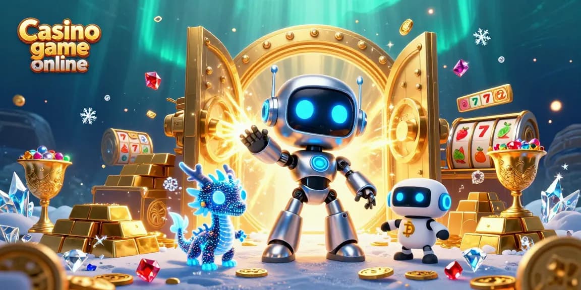 Engage in Casino game online with vibrant 3D robot characters amidst treasure and slot elements.