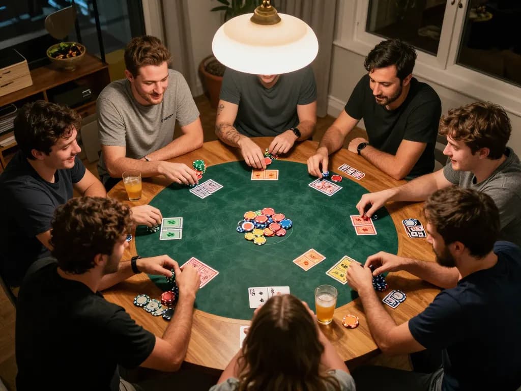 Players enjoying game bai with cards at round table, capturing strategic moments and excitement