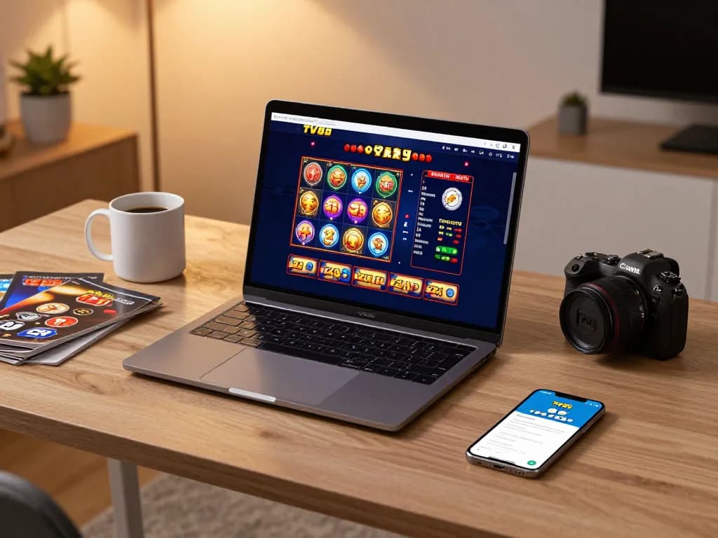 Engaging with TV88 link for online gambling, showcasing colorful slot games on laptop.