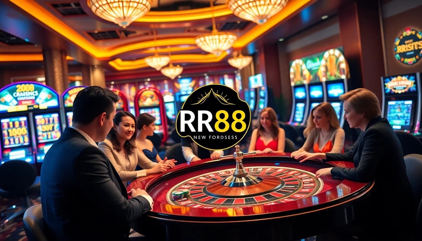 Players enjoying a thrilling game at RR88 casino, featuring roulette and vibrant slot machines.