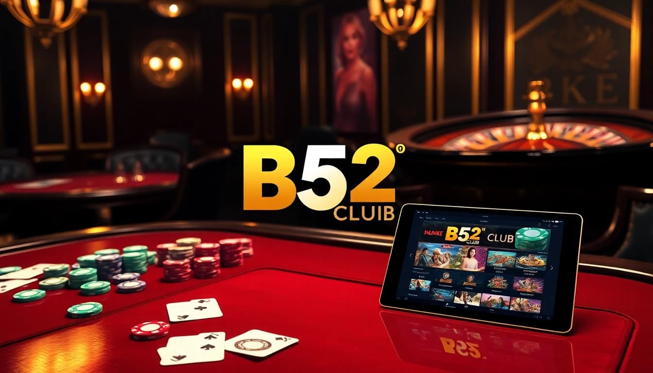 B52 CLUB engaging players in a vibrant casino scene with cards, chips, and digital interfaces.
