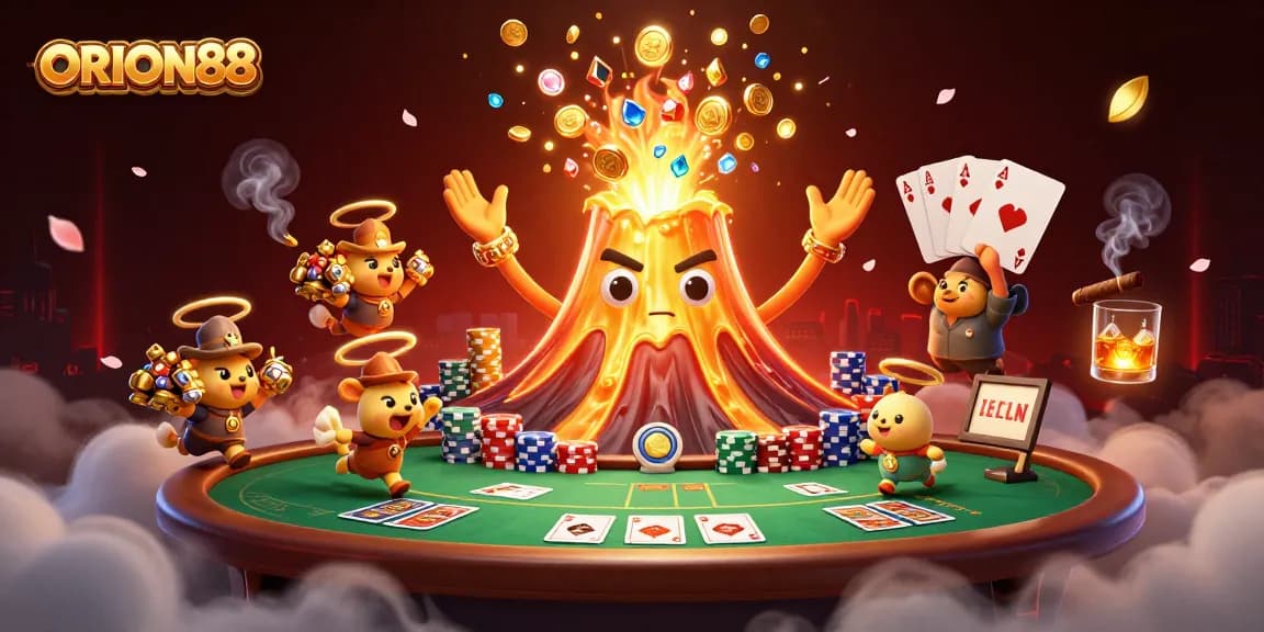 ORION88 showcases a vibrant 3D cartoon scene of triumph and treasure amidst a casino backdrop.