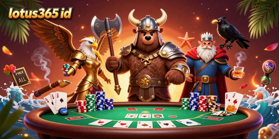 Play with lotus365 id amid vibrant poker action, featuring Viking characters and chips.