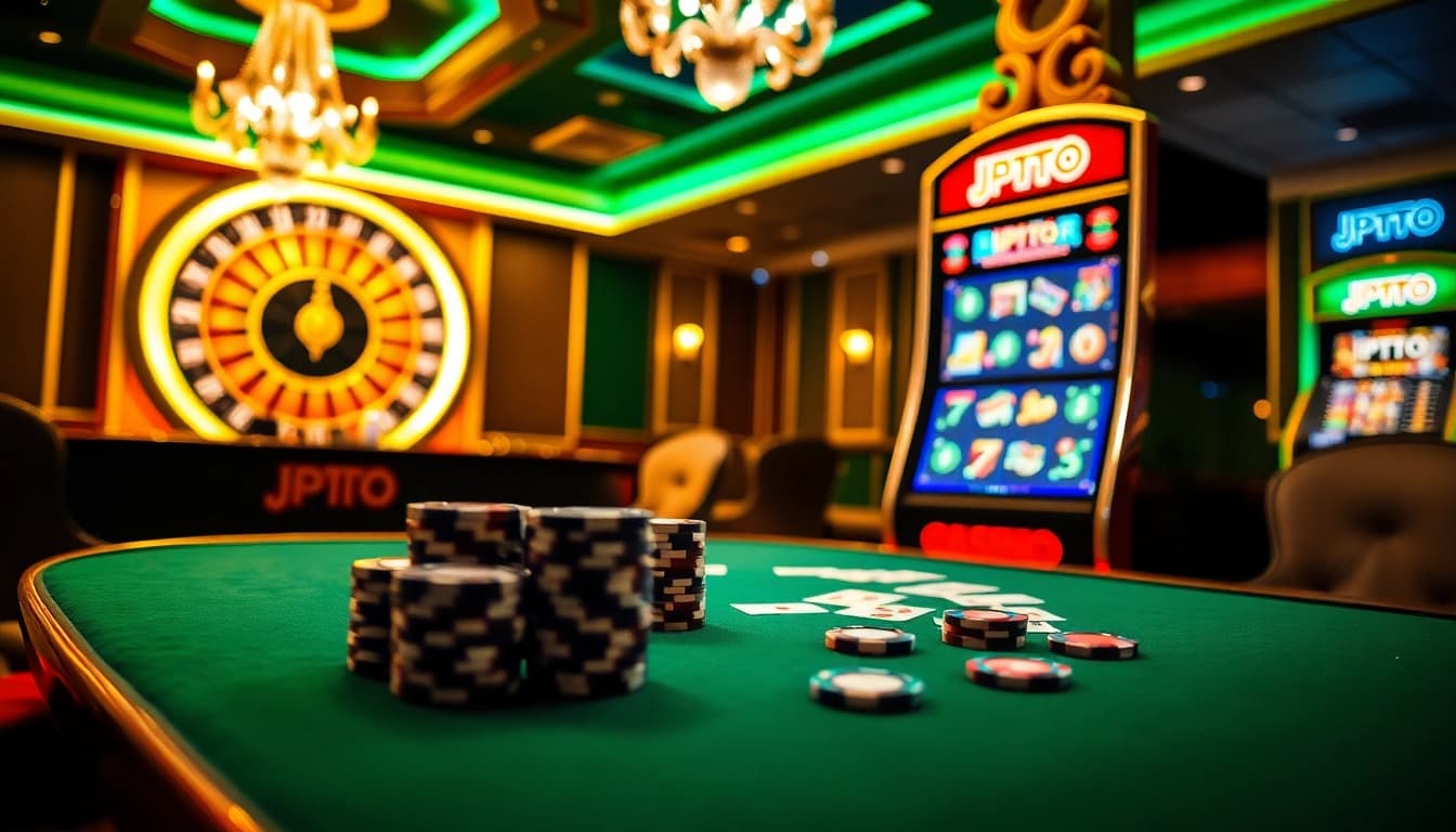 Rasakan sensasi JPTOTO dengan elemen kasino yang vibrant menampilkan chip poker dan mesin slot.