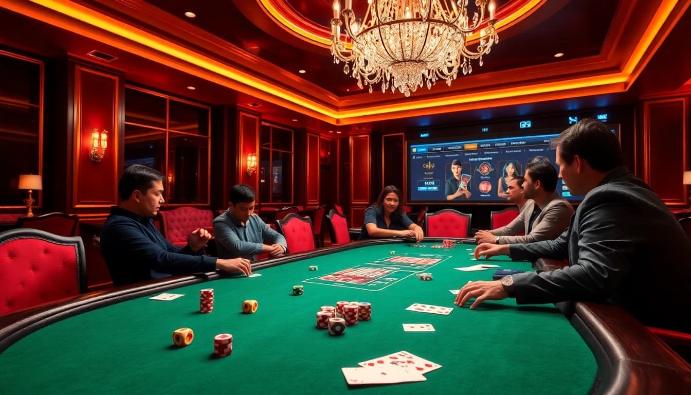 S8 casino players enjoying a high-stakes poker game with chips and cards on a luxurious table.
