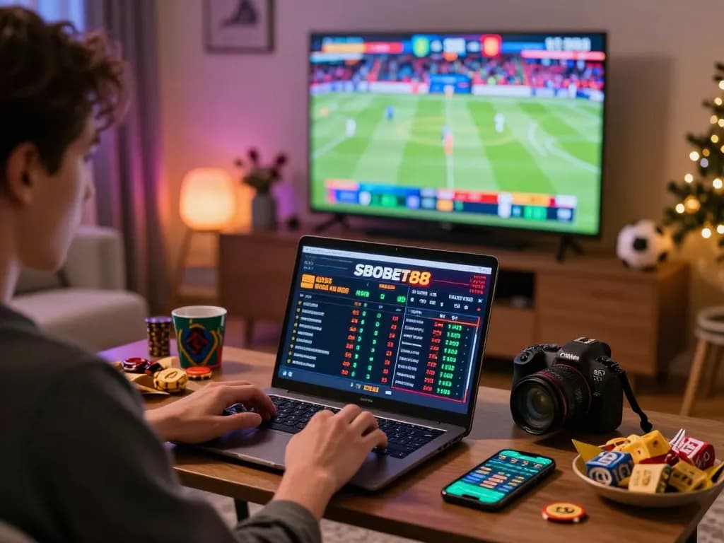 Engaging SBOBET88 online betting scene in a lively living room with sports memorabilia and real-time odds displayed.