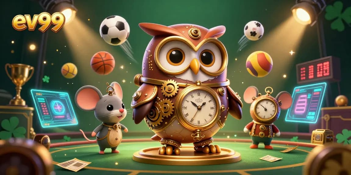 Win big on ev99 with an engaging casino scene featuring a time-traveling owl and sports elements.