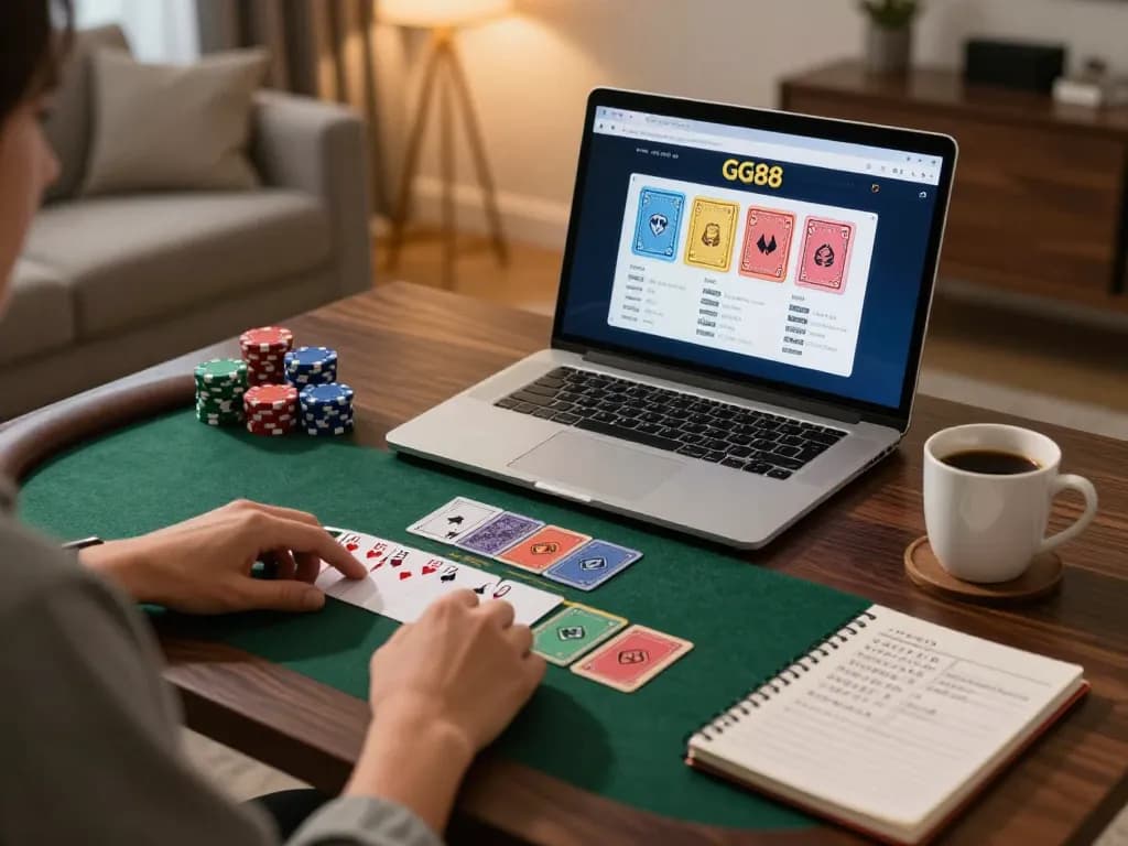 Player strategizing on GG88 online blackjack game with cozy home setup.