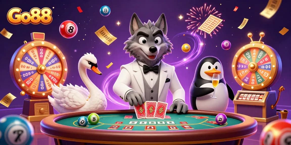 Go88 casino action with a debonair wolf at a baccarat table surrounded by vibrant gambling elements and confetti.