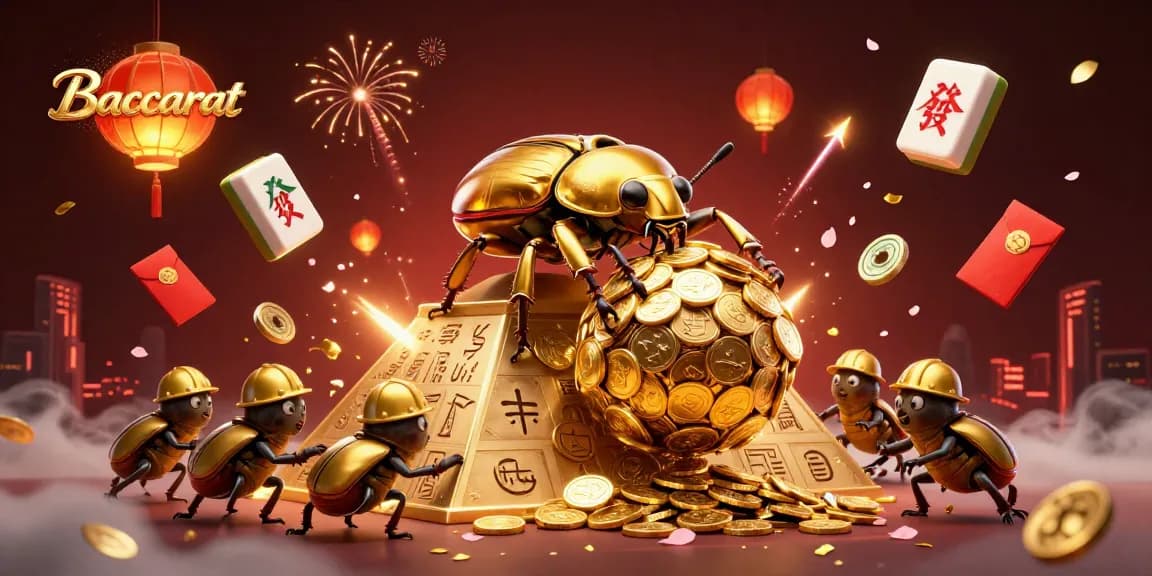 Baccarat game illustration with golden coins, vibrant characters, and festive casino elements.