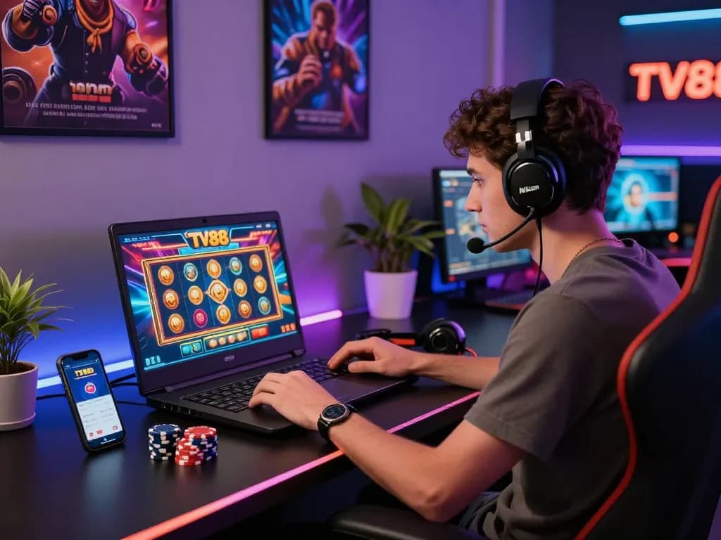 Engaged player enjoying an online game at TV88 casino with vibrant graphics and accessories.
