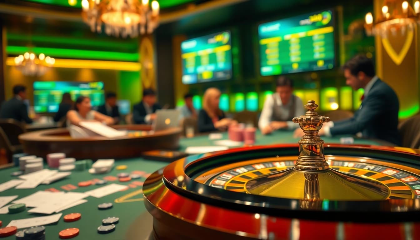 Engaging scene highlighting lô đề uy tín with vibrant casino tables, chips, and roulette wheel.
