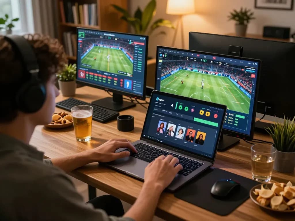 Bsport user placing bets in a cozy home environment, highlighting online gambling excitement.