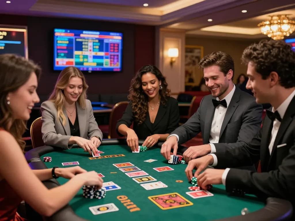 Enjoying a thrilling moment at 88aa casino with friends around a live dealer table, vibrant atmosphere, excitement evident.