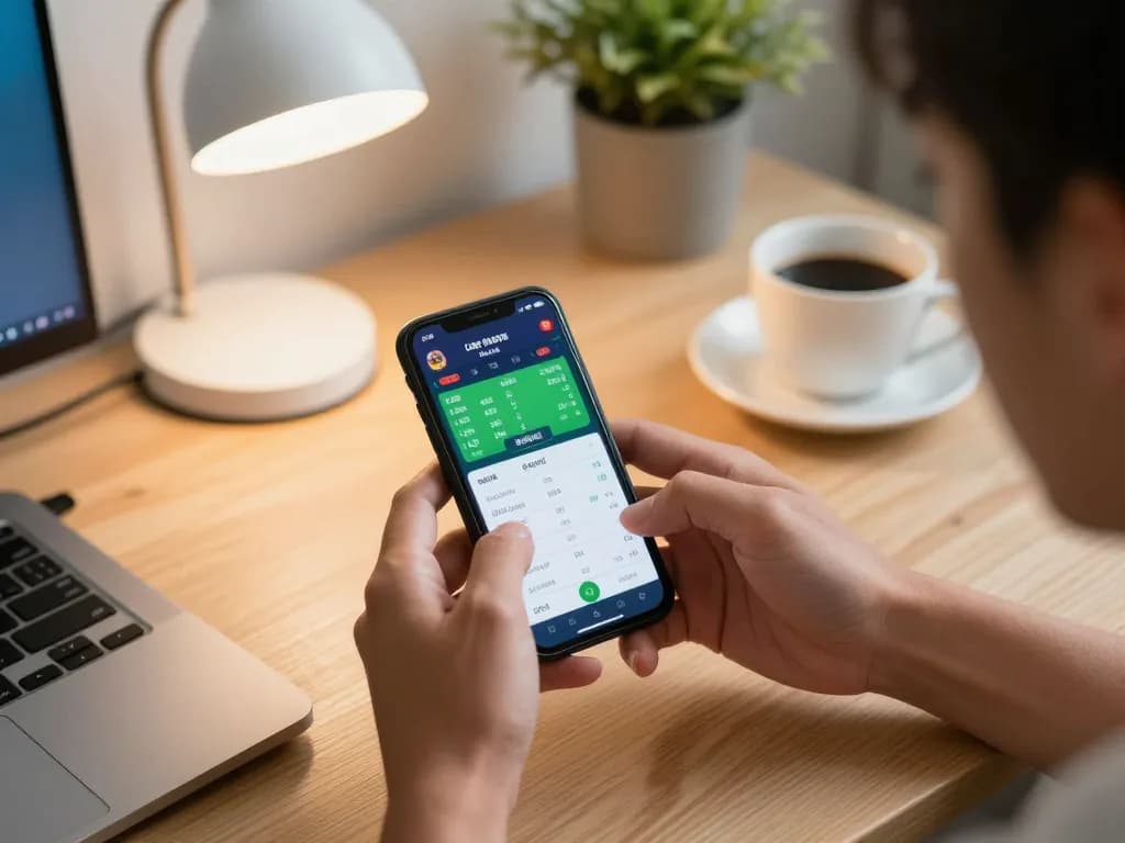 Orang yang memasang taruhan di Planet77 menggunakan smartphone dalam pengaturan rumah yang bergaya