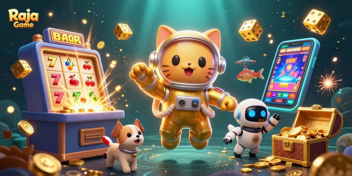 Play exciting casino games like slot machines on Raja Game with colorful characters and vibrant casino elements.