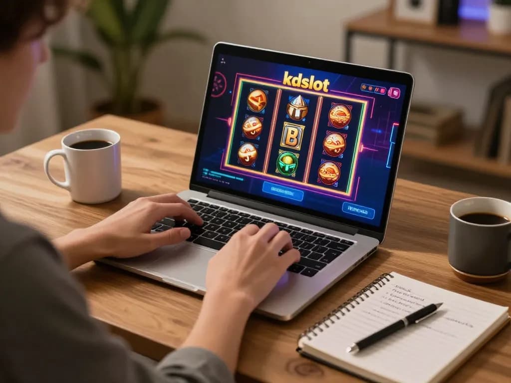 Engaging in kdslot gameplay on a laptop in a cozy home office, showcasing vibrant slot graphics.