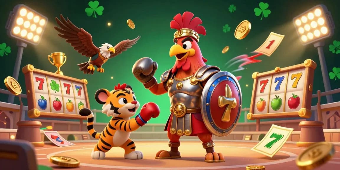 Spin the slot777 reels in a vibrant 3D illustration featuring a daring rooster gladiator, evoking excitement and engagement.
