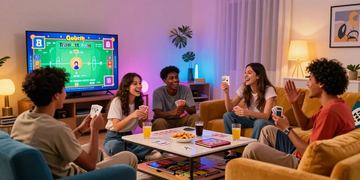 A lively game night scene featuring friends playing Teen Patti Boss, reflecting the excitement and engagement with the phrase 'More info' about the popular gaming app.