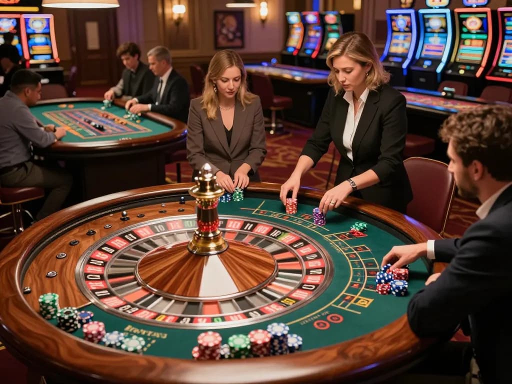 KJC players strategizing their bets at a lively roulette table in an upscale casino